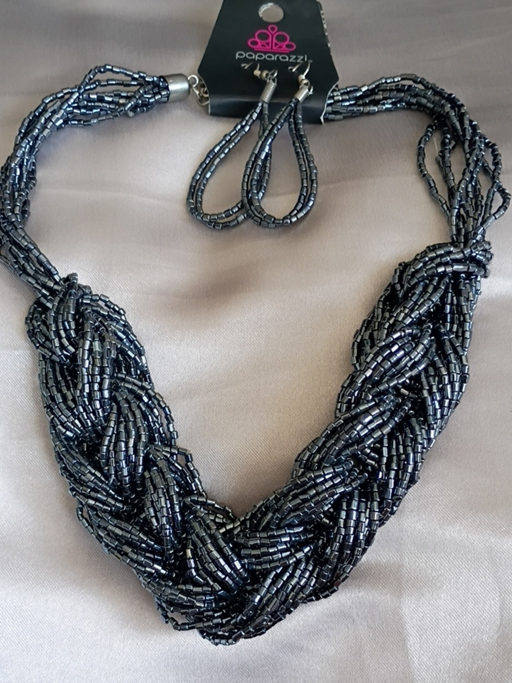 paparazzi Shimmery Black Multi-Strand Braided Beaded Necklace with Earrings
